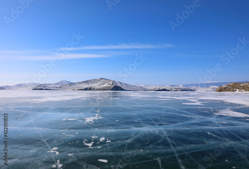 Pure ice of the frozen lake Baikal near Olkhon Island, Russia