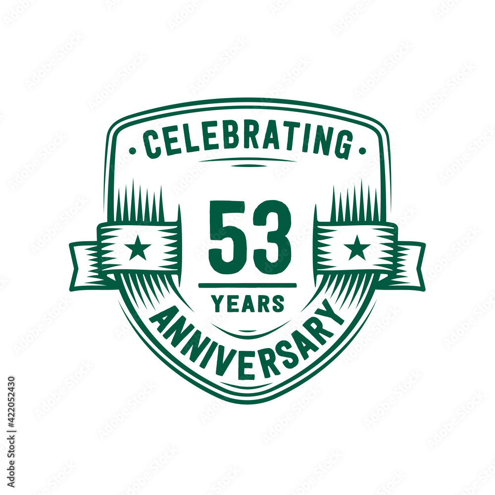 53 years anniversary celebration shield design template. 53rd anniversary logo. Vector and illustration. 53 years anniversary celebration shield design template. 53rd anniversary logo. Vector and illustration.