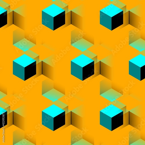 patterns and intricate designs from repeating cube pattern in shades of turquoise on a vivid yellow gold background