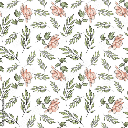 Seamless pattern in nature green style. Vintage rose pattern.  Leaves elements. Used for wallpaper, printing wrapping paper, textiles