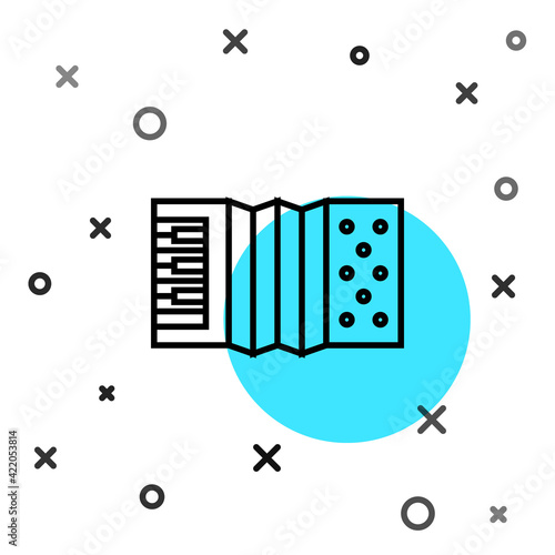 Black line Musical instrument accordion icon isolated on white background. Classical bayan, harmonic. Random dynamic shapes. Vector