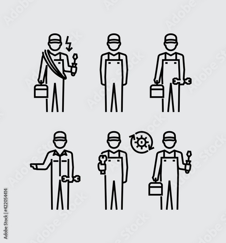 Worker Engineer Technician Mechanic Electrician Vector Line Icons
