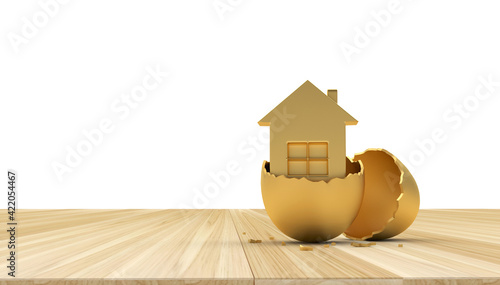 Gold broken eggshell with house icon on wooden surface. 3d illustration 
