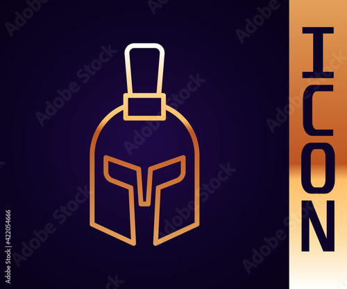 Gold line Greek helmet icon isolated on black background. Antiques helmet for head protection soldiers with a crest of feathers or horsehair. Vector