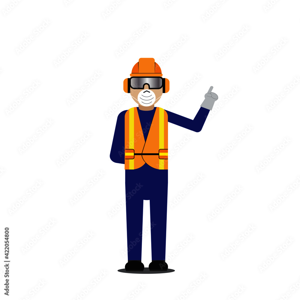 A vector of men wearing personal protective equipment at factory to avoid hazard and coronavirus. A vector of men wearing personal protective equipment at factory to avoid hazard and coronavirus.