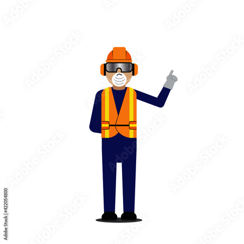 A vector of men wearing personal protective equipment at factory to avoid hazard and coronavirus.