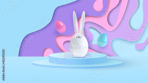 Happy easter. Design Rabbit with eggs. Festive spring 3d composition. Realistic stage, catwalk, festive studio. Minimal background. Modern creative template.Vector i