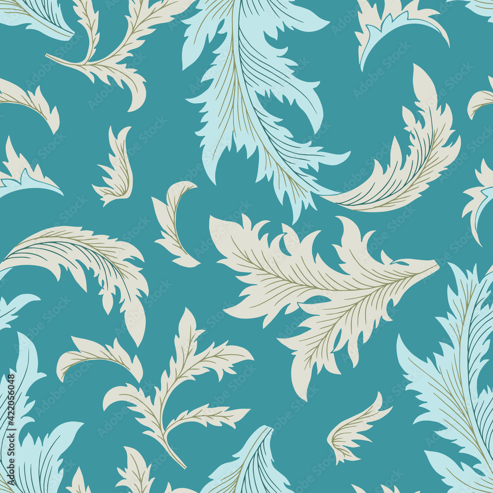 Classical Acanthus Leaves in Teal Vector Seamless Background Pattern