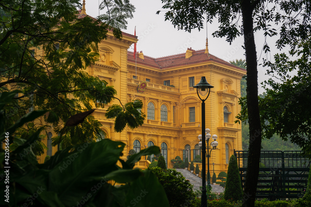 Presidential palace in Hanoi, Vietnam. A beautiful colonial yellow building