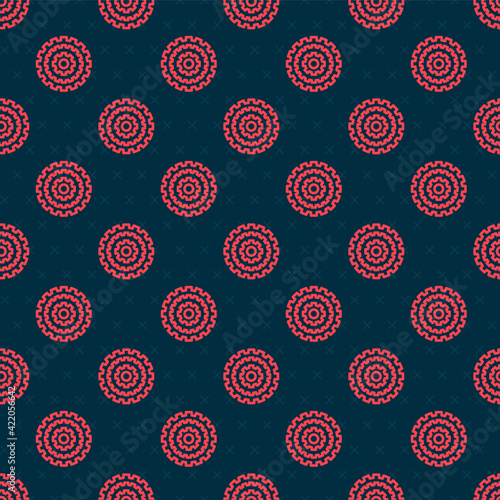 Red line Bicycle cassette mountain bike icon isolated seamless pattern on black background. Rear Bicycle Sprocket. Chainring crankset with chain. Vector