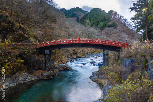shinkyo bridge in Nikko, Japan. Beautiful old red japanese bridge
