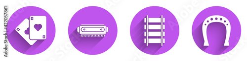 Set Playing cards, Harmonica, Railway, railroad track and Horseshoe icon with long shadow. Vector