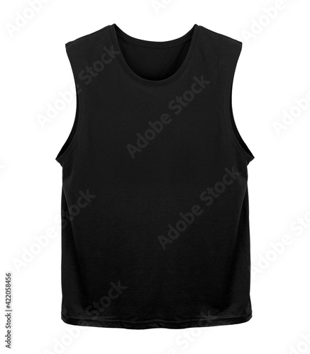 Blank muscle tank top color black front view on white background 