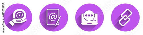 Set Mail and e-mail in hand, Mail and e-mail, Chat messages notification on laptop and Chain link icon with long shadow. Vector