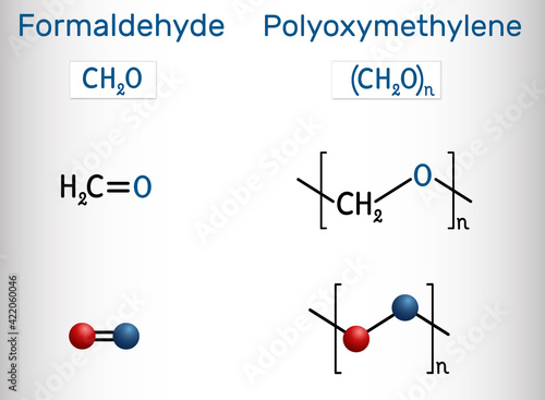 Formaldehyde (methanol, methylene oxide, methylaldehyde, oxomethane, formalin) and polyoxymethylene (POM, acetal, polyacetal, polyformaldehyde) molecule. Monomer and polymer