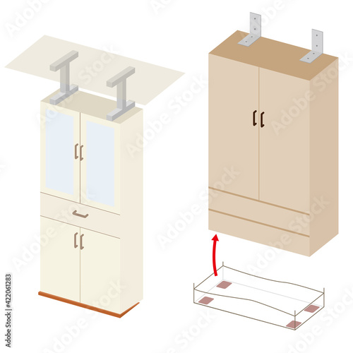 家具の転倒防止　ポール・金具の使用例のイラスト