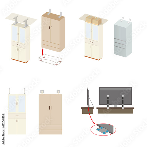 家具・家電の転倒防止策のイラストセット