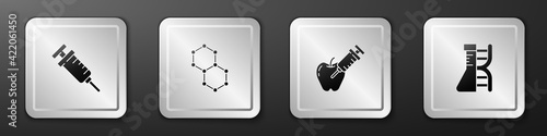 Set Syringe, Chemical formula, Genetically modified apple and DNA research, search icon. Silver square button. Vector