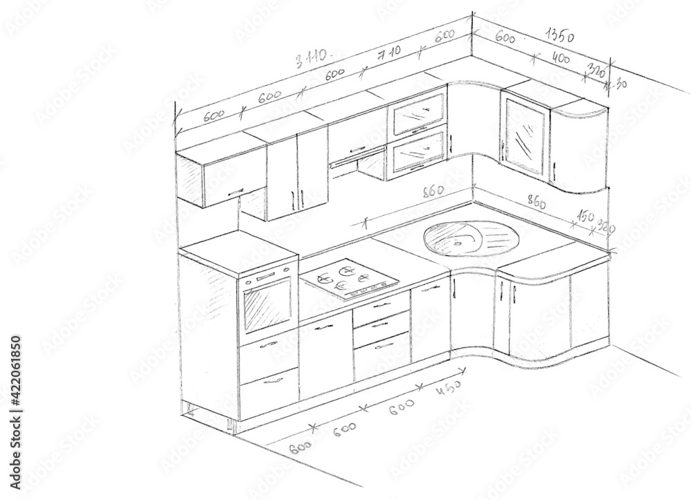 drawing, sketch of kitchen furniture with dimensions