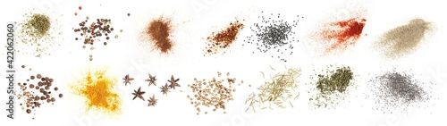 Set spices pile, oregano, pepper, cinnamon, crushed red cayenne pepper, black cumin, red paprika powder, white pepper, allspice, turmeric, star anise, coriander, rosemary, parsley, poppy seeds  