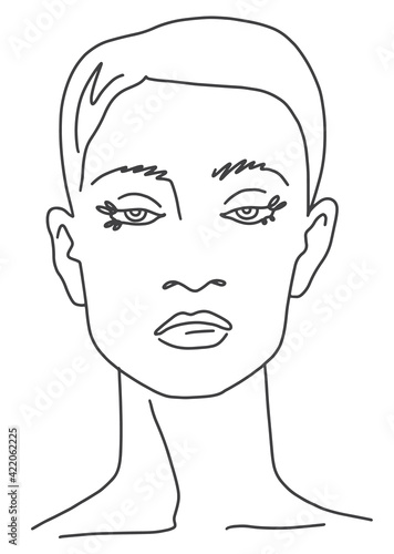 Line drawing face Portrait of young woman with short hair and beautiful eyes. Sketch Vector illustration