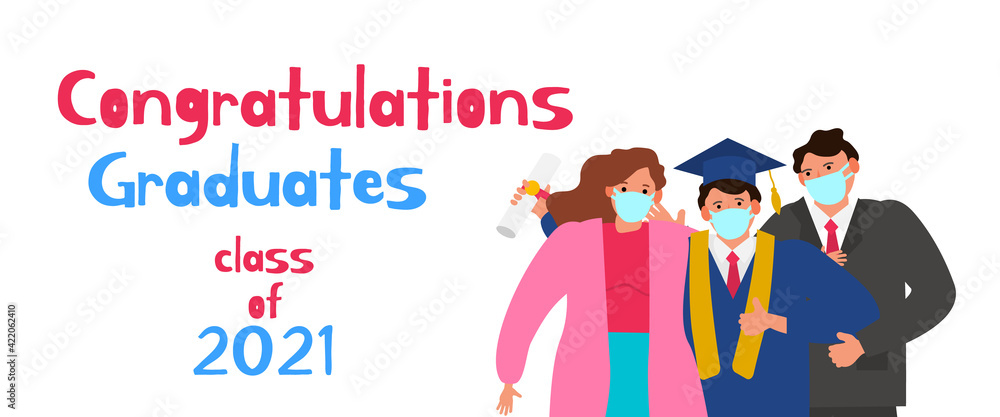 graduation 2021 during covid 19 pandemic . graduate student with parents  in face masks vector illustration