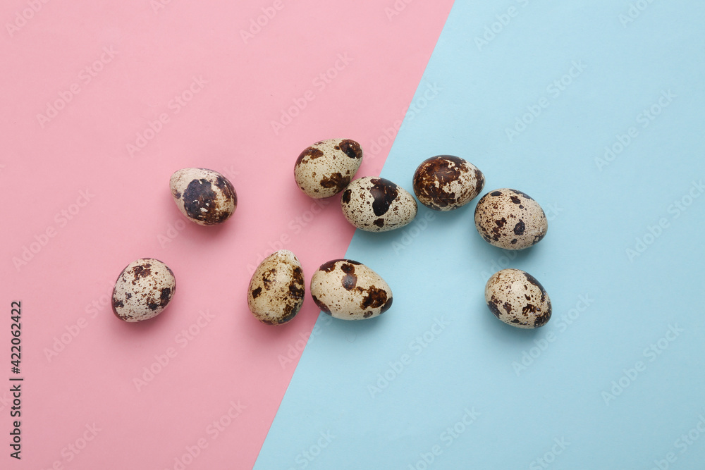 Quail eggs on pink blue background. Easter concept. Top view