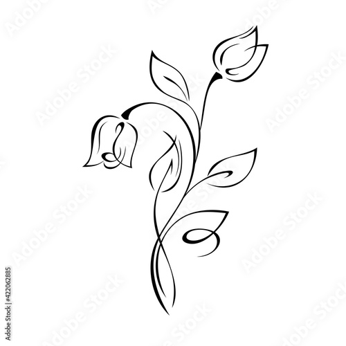 ornament 1626. two stylized rose flower buds on a stem with leaves and curls in black lines on a white background