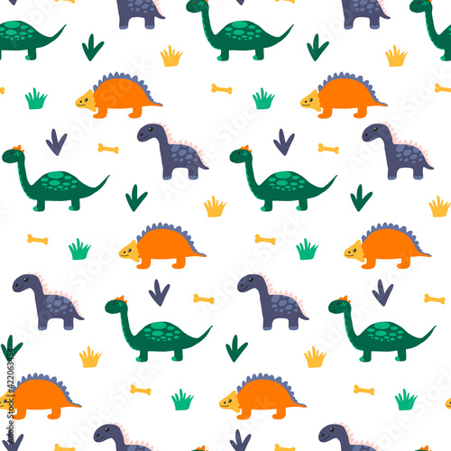 Dinosaur with leaves and bones jurassic baby seamless pattern