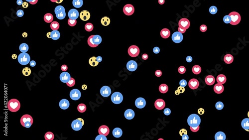 Social media positive reactions from bottom with likes, hearts, wow and luma matte on tail perfect for motion graphic and compositing	