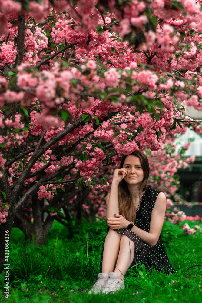 portrait of a pretty girl girl in a dress near sakura. walk in the park in spring. Noise photography portrait of a pretty girl girl in a dress near sakura. walk in the park in spring. Noise photography