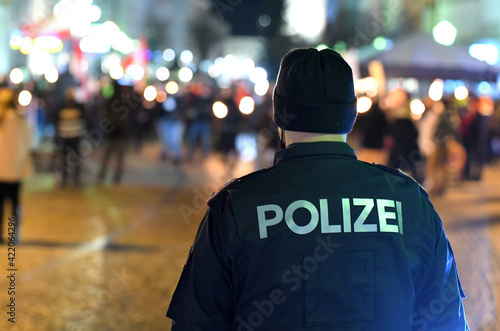 Police control at a corona demonstration in Upper Austria during the corona lockdown, Austria, Europe photo