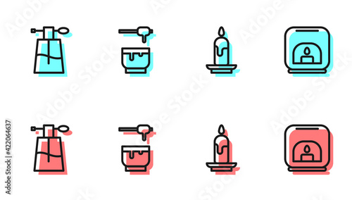 Set line Burning candle, Perfume, Honey dipper stick bowl and Aroma lamp icon. Vector