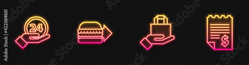 Set line Online ordering and delivery, Clock 24 hours, burger and Paper financial check. Glowing neon icon. Vector