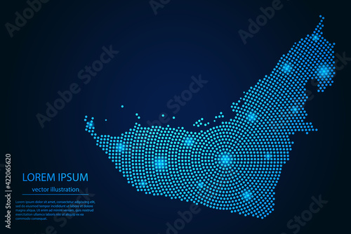 Abstract image United Arab Emirates map from point blue and glowing stars on a dark background. Vector Illustration.