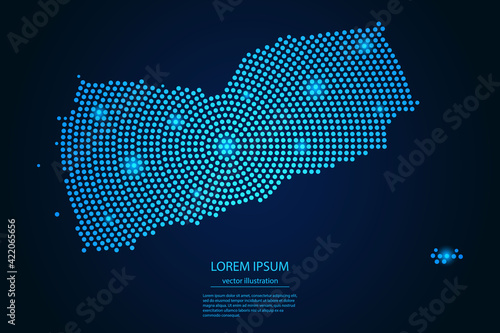 Abstract image Yemen map from point blue and glowing stars on a dark background. Vector Illustration.