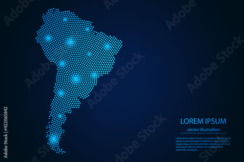 Abstract image South America map from point blue and glowing stars on a dark background. Vector Illustration.
