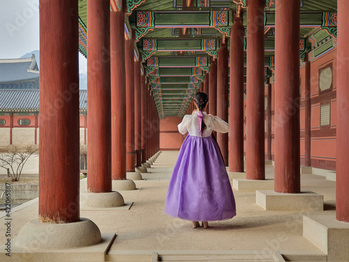 Wearing Hanbok (traditional Korean clothes) in Gyeongbokgung Palace in Seoul, Korea