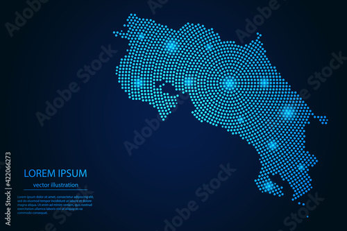 Abstract image Costa Rica map from point blue and glowing stars on a dark background. vector illustration.