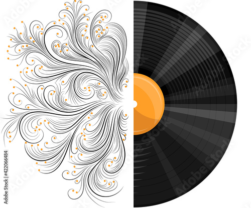 Vector image of a musical record with a pattern or engraving in a realistic style with cartoon elements. EPS 10. Isolated on white background