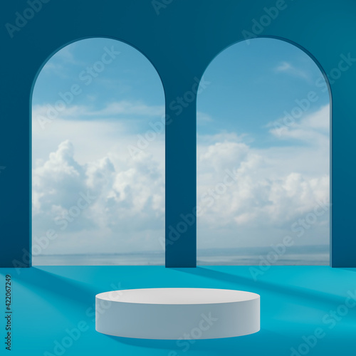 White podium stand on cloudy blue sky background for product placement 3d render 