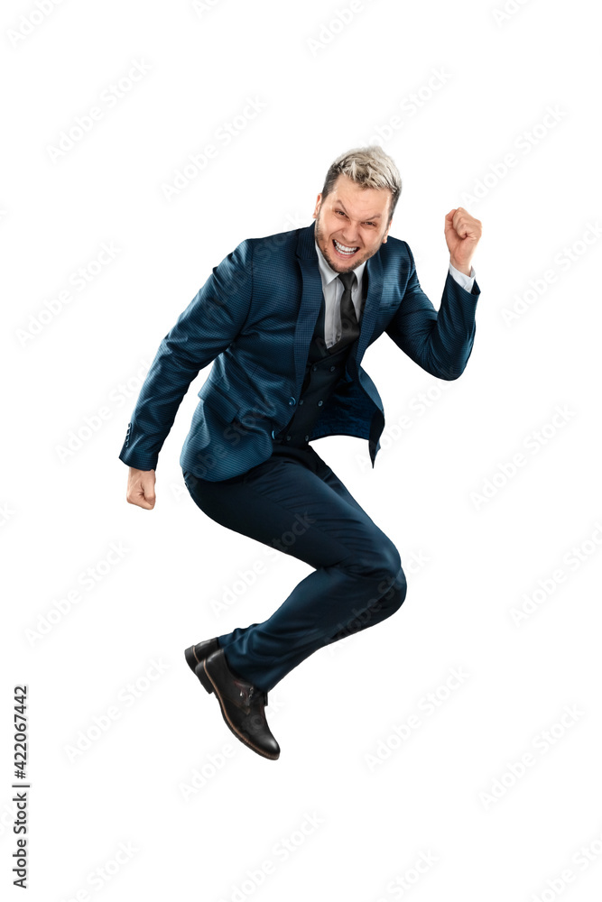 Man A businessman in a full-length business suit is very happy. Isolated on white background. Human gestures concept, template for photomontage.