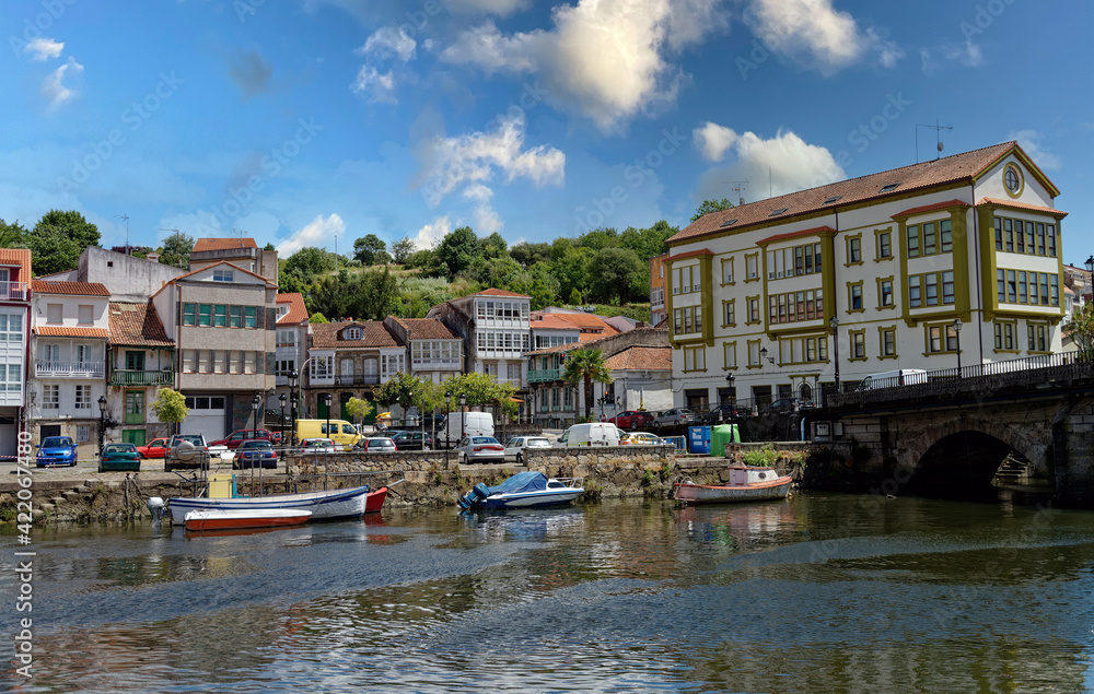 Townscape of picturesque Betanzos on the banks of river Mandeo, a historic town in the Galicia region of Spain.