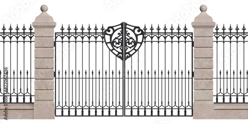 Gate. Iron fence with stone pillars. Wrought iron. Metal decor. Urban design. Art Nouveau. Vintage. Luxury modern architecture. City. Street. Park. Palace. 3D render. Isolated. White background. photo