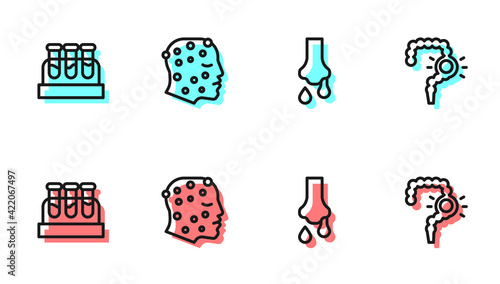 Set line Runny nose, Test tube with blood, Psoriasis or eczema rash and Gut constipation icon. Vector