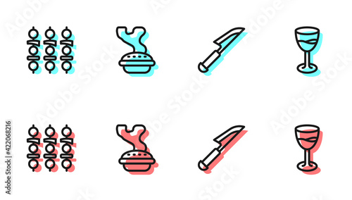 Set line Knife, Grilled shish kebab, Homemade pie and Wine glass icon. Vector