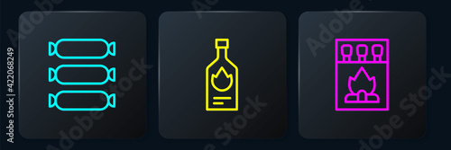 Set line Sausage, Matchbox and matches and Tabasco sauce. Black square button. Vector