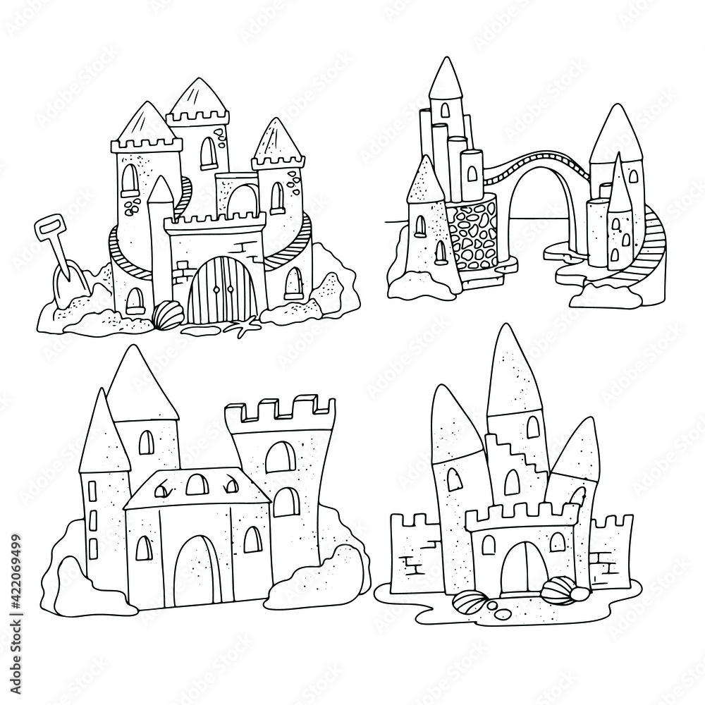Set Sand castle Vector illustration isolated on white background. Simple illustration for coloring book Set Sand castle Vector illustration isolated on white background. Simple illustration for coloring book