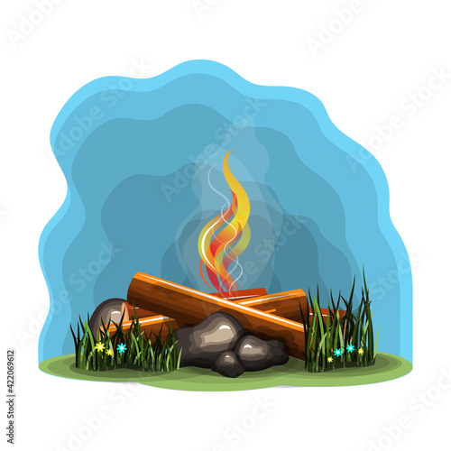 Bonfire in a forest glade with grass, flowers and boulders. Vector illustration