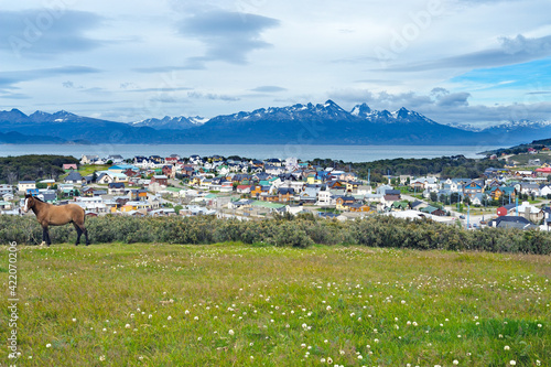 Ushuaia, a corner of the city, in the background the Beagle Channel, Tierra del Fuego, Argentina, South America